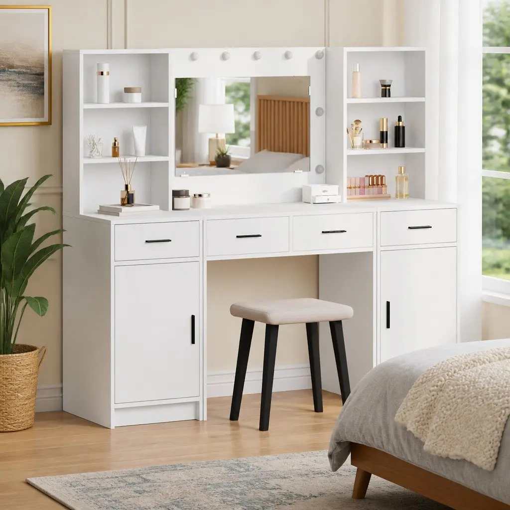 White Dressing Table Set with LED Mirror and Storage