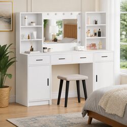 White Dressing Table Set with LED Mirror and Storage