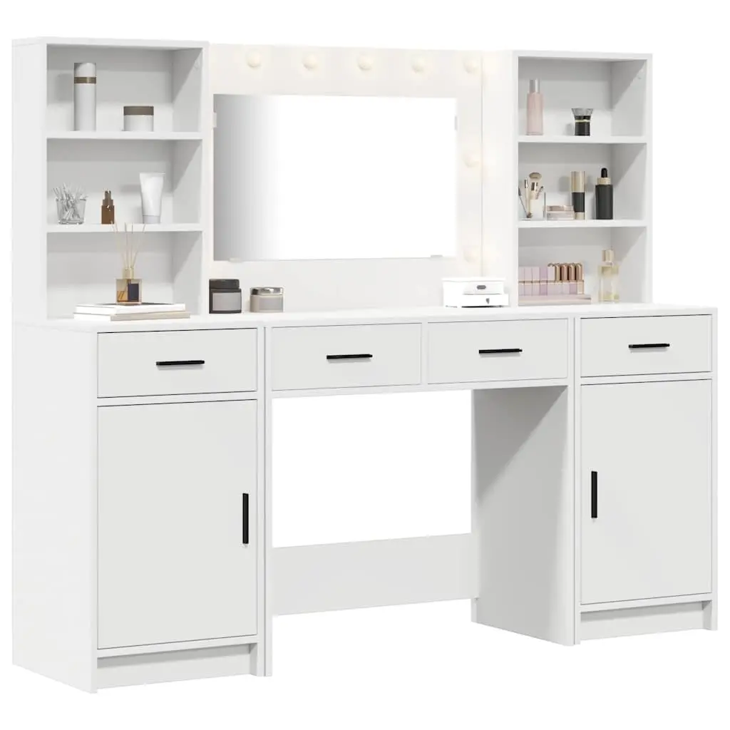 Dressing Table Set White 135cm Engineered Wood LED Mirror Drawers Shelves Storage