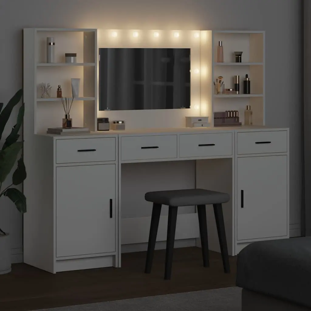 Dressing Table Set White 135cm Engineered Wood LED Mirror Drawers Shelves Storage