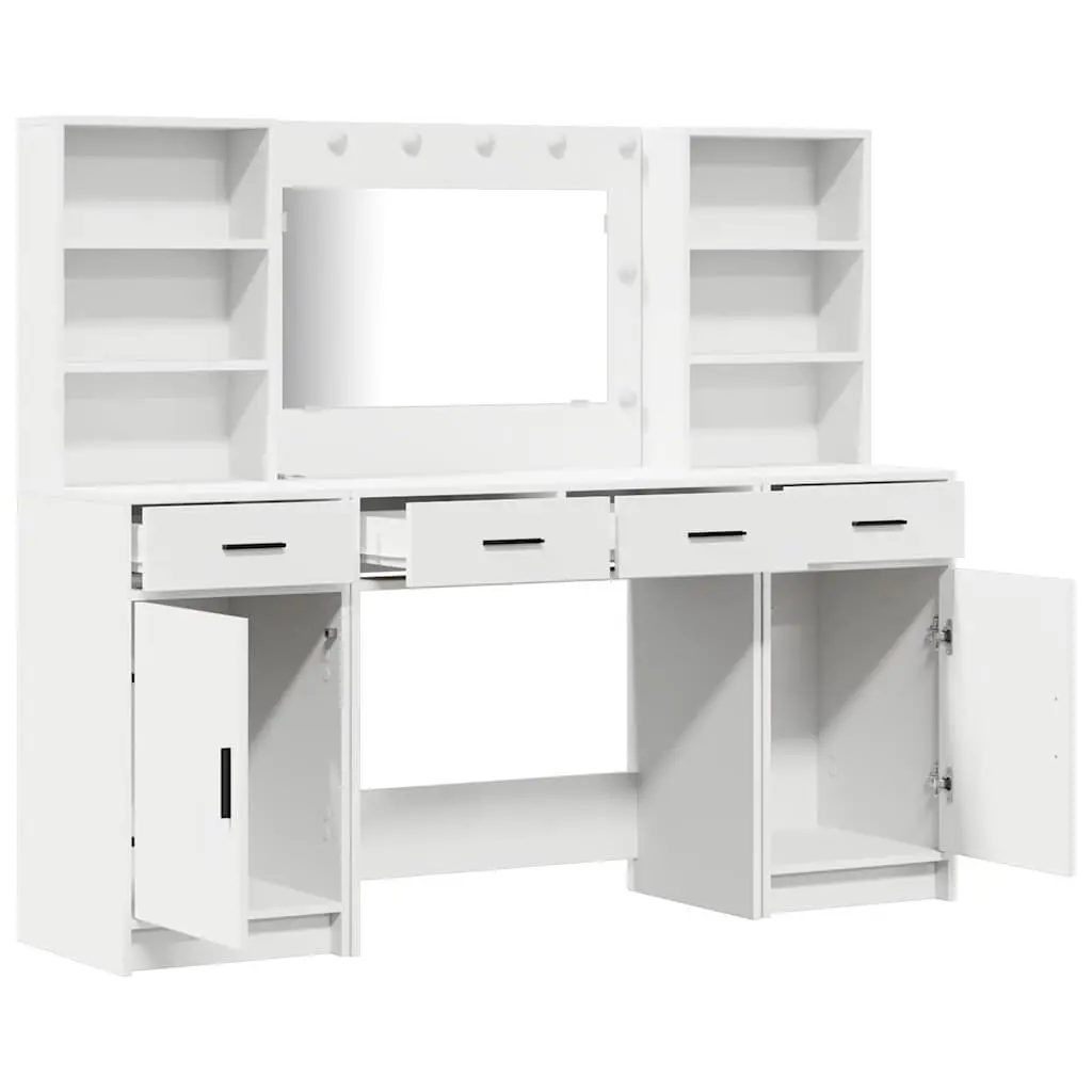 Dressing Table Set White 135cm Engineered Wood LED Mirror Drawers Shelves Storage