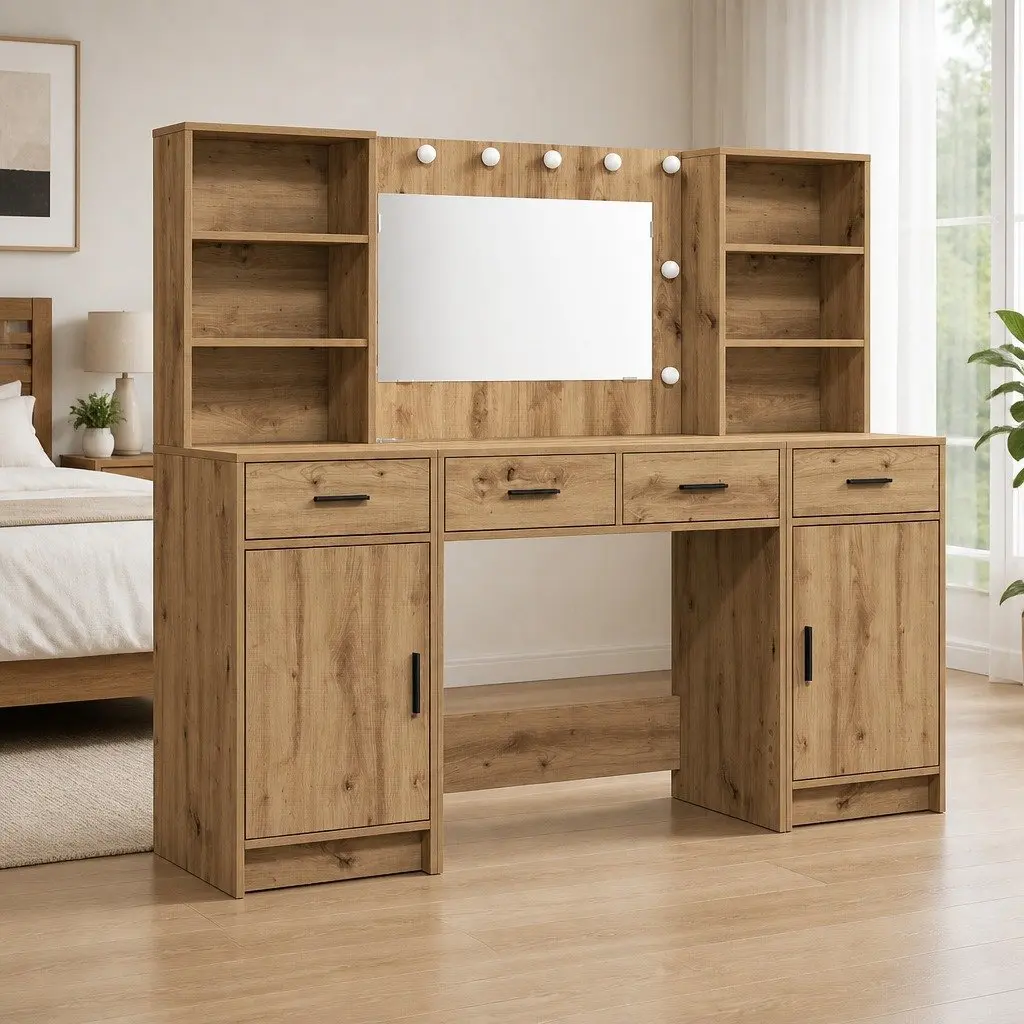Dressing Table Set LED Mirror Brown Engineered Wood 3 Piece