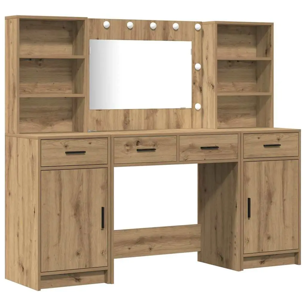 Dressing Table Set LED Mirror Brown Engineered Wood 3 Piece