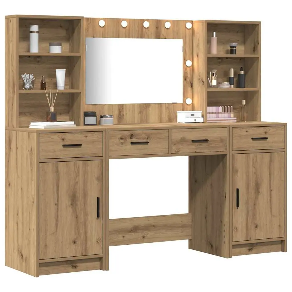 Dressing Table Set LED Mirror Brown Engineered Wood 3 Piece