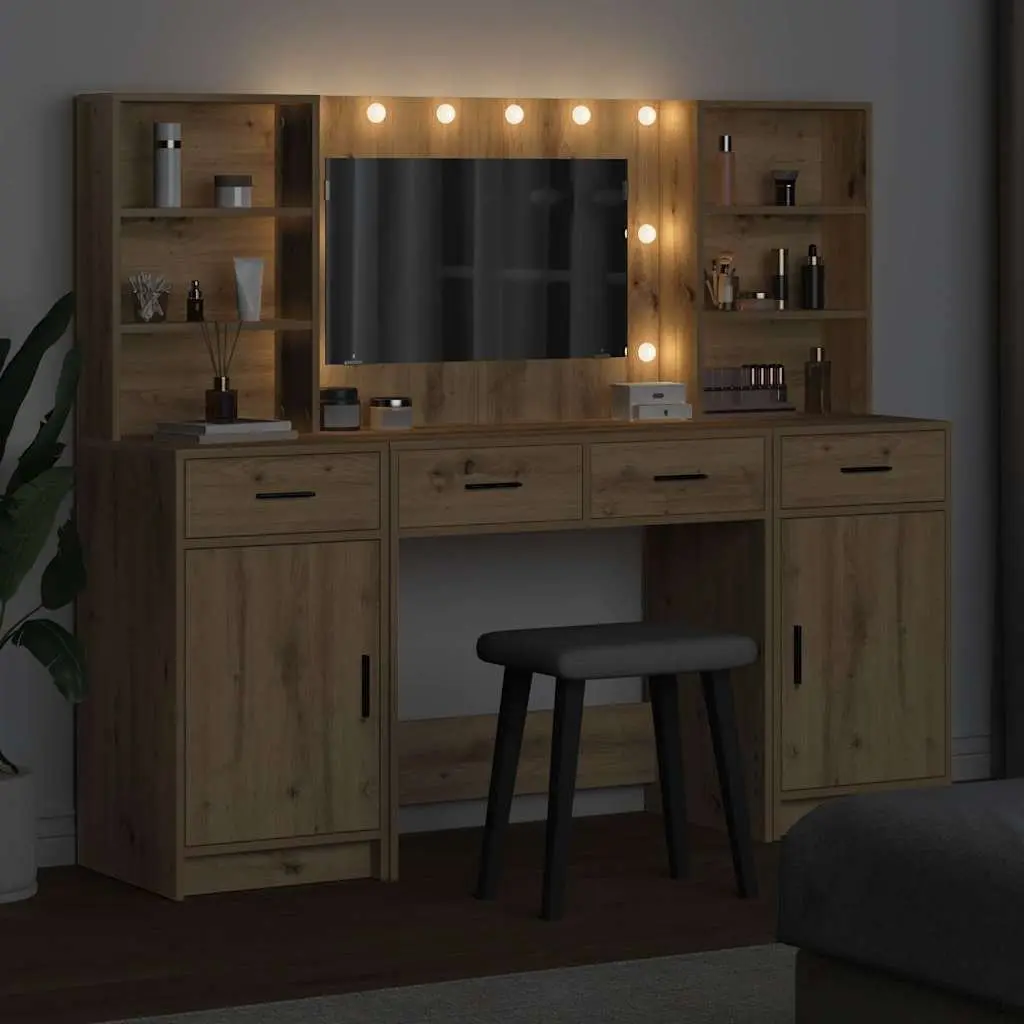 Dressing Table Set LED Mirror Brown Engineered Wood 3 Piece