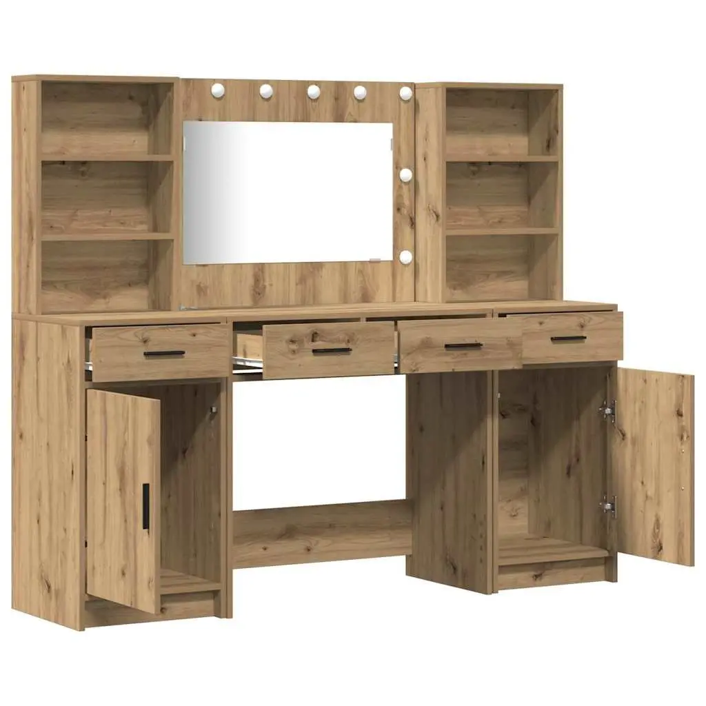Dressing Table Set LED Mirror Brown Engineered Wood 3 Piece