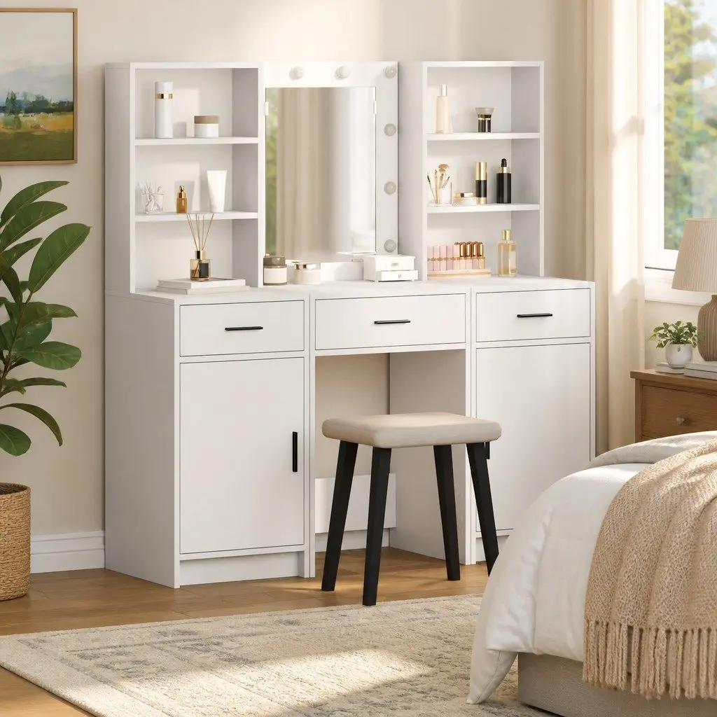 3 Piece Vanity Set with Integrated LED Mirror White Engineered Wood Storage Drawers