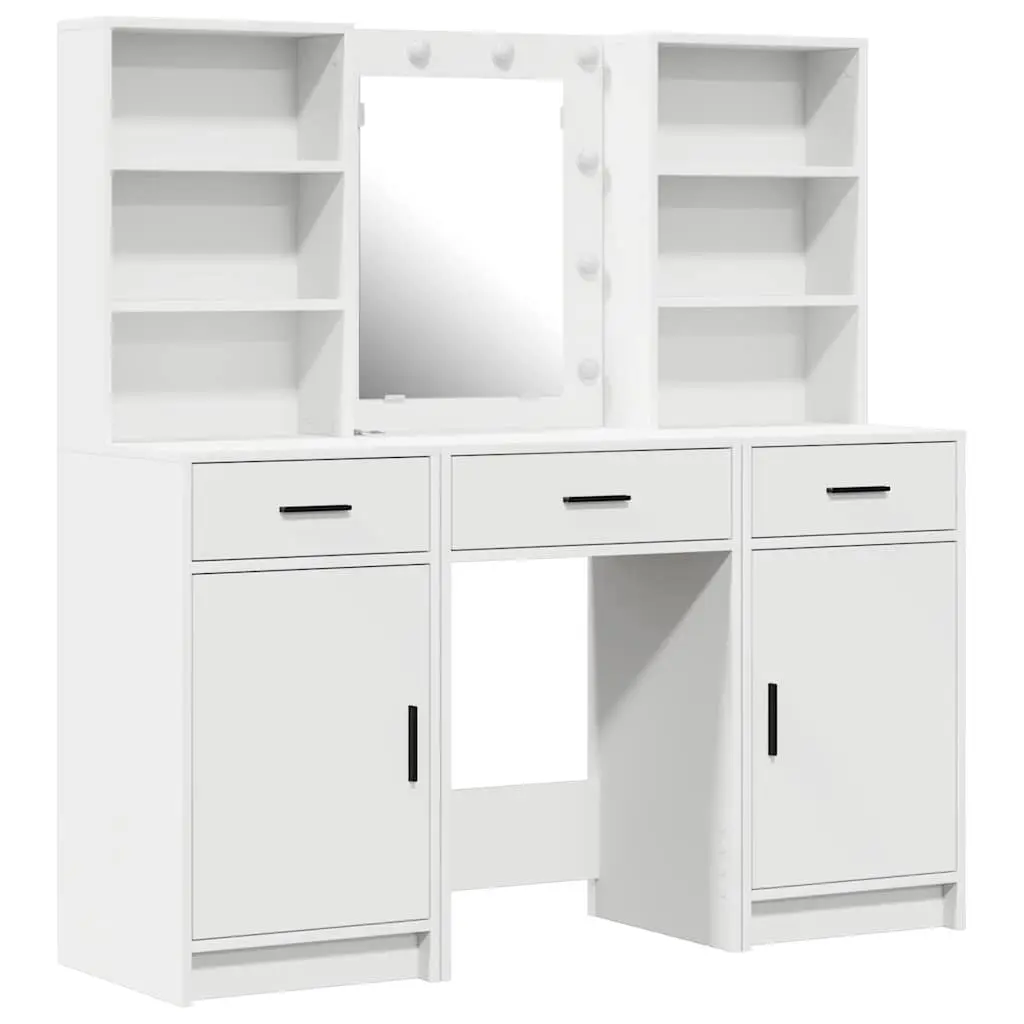 3 Piece Vanity Set with Integrated LED Mirror White Engineered Wood Storage Drawers