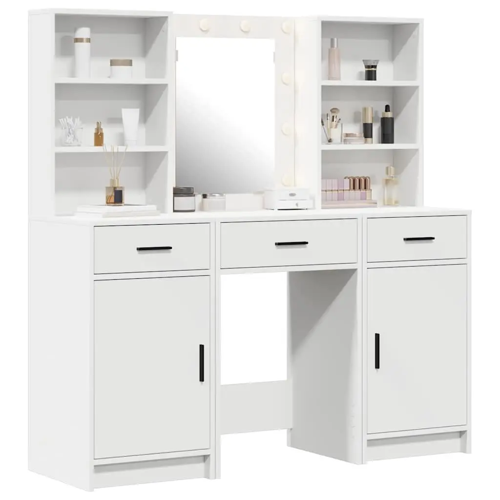 3 Piece Vanity Set with Integrated LED Mirror White Engineered Wood Storage Drawers