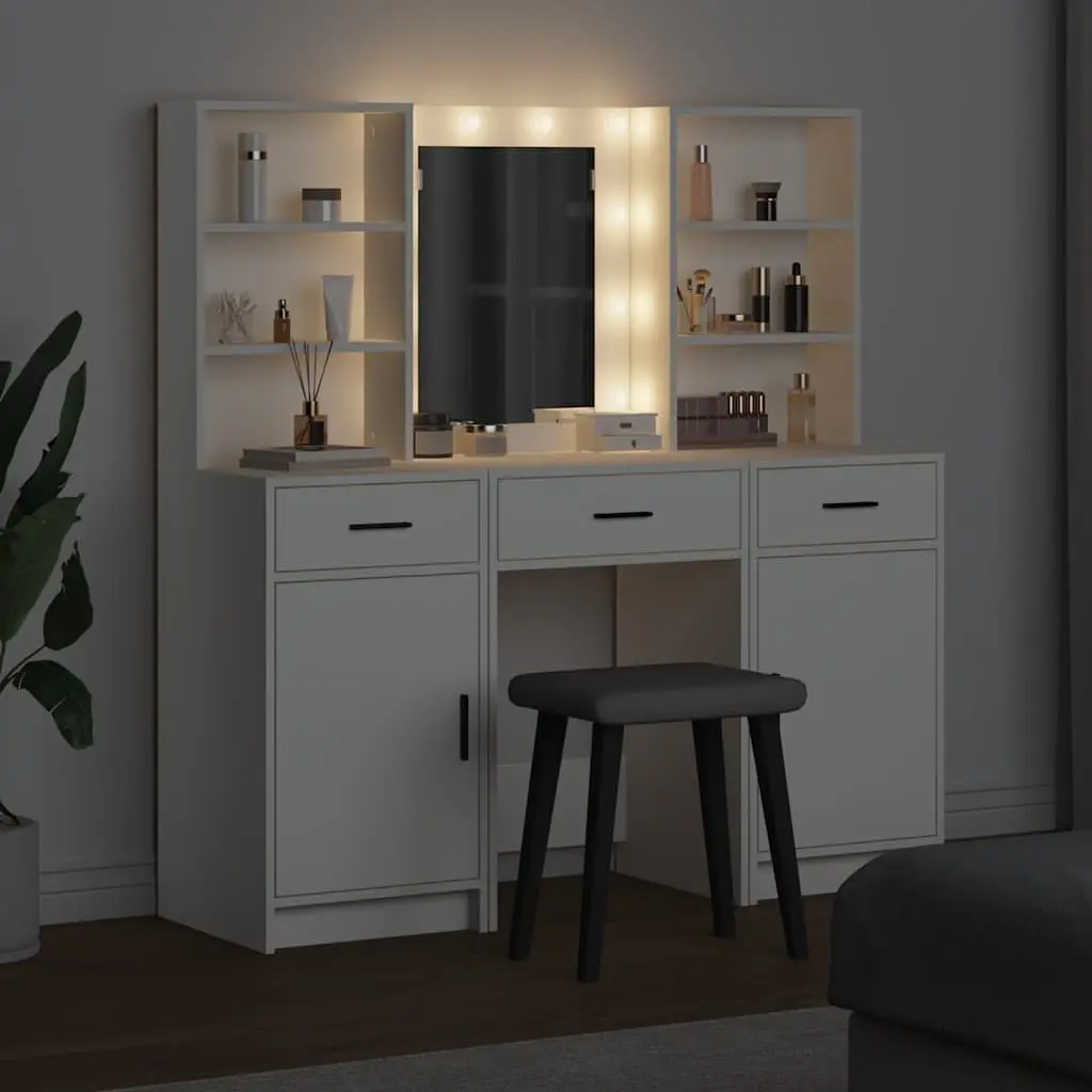 3 Piece Vanity Set with Integrated LED Mirror White Engineered Wood Storage Drawers