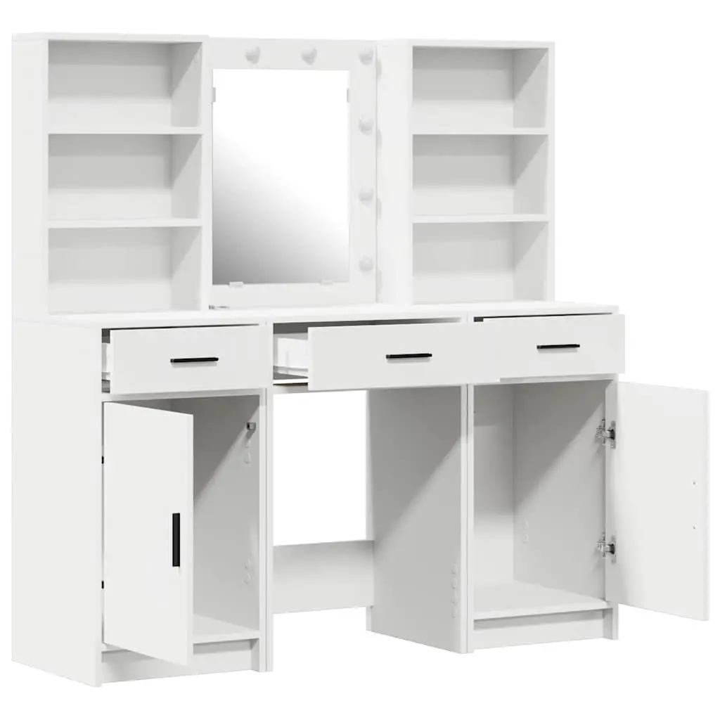3 Piece Vanity Set with Integrated LED Mirror White Engineered Wood Storage Drawers