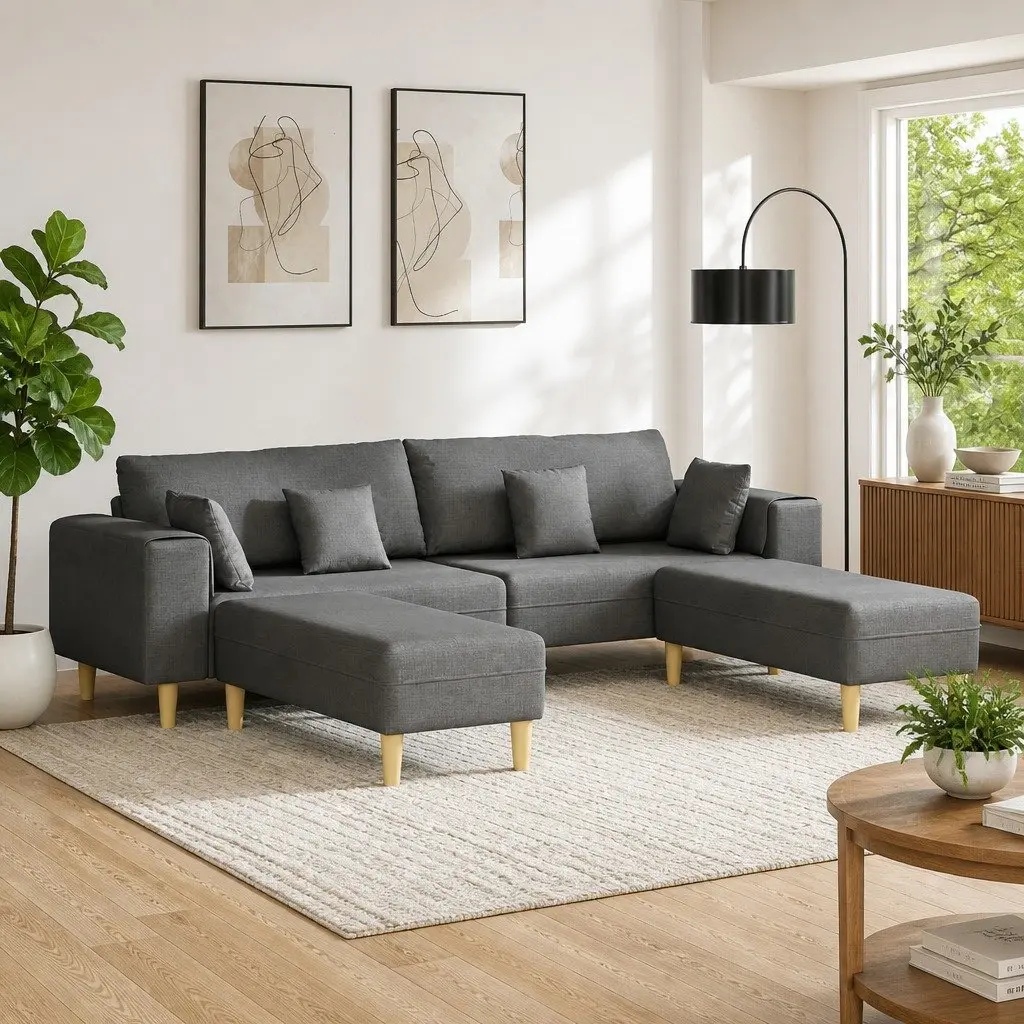Sofa Modern Grey Fabric 3-Piece Set Living Room Furniture