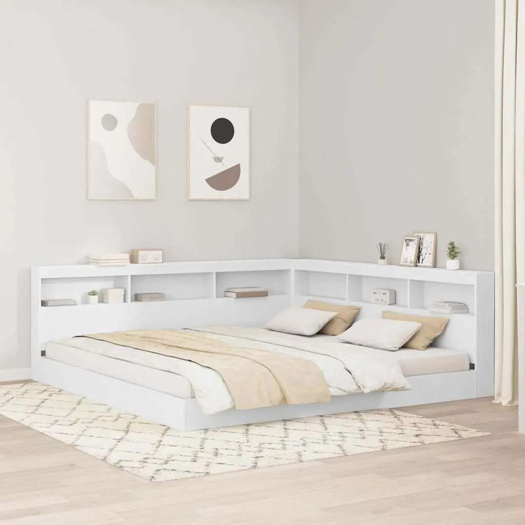 Bookcase Bed with Integrated Headboard L-shaped 180 x 200 cm Engineered Wood Frame White