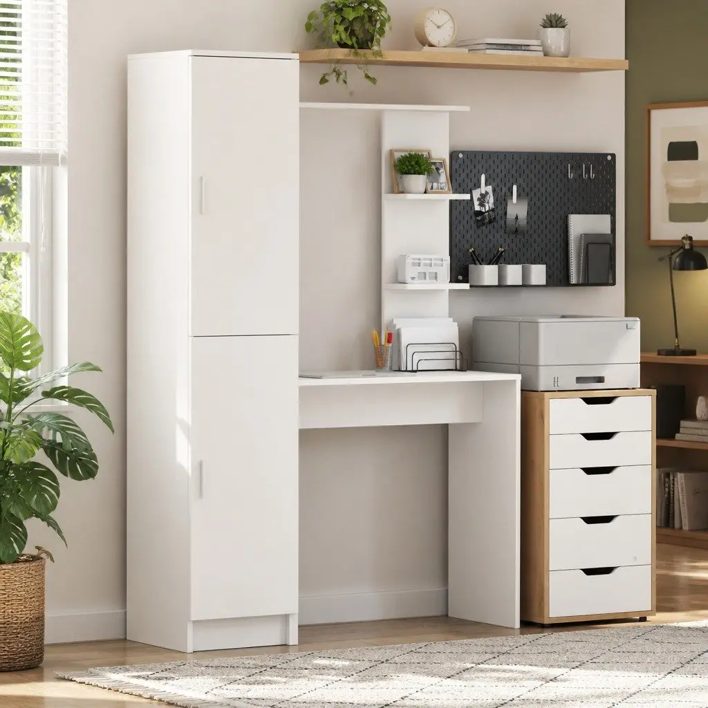 Desk with Shelves and Doors White Engineered Wood Office Workspace Storage