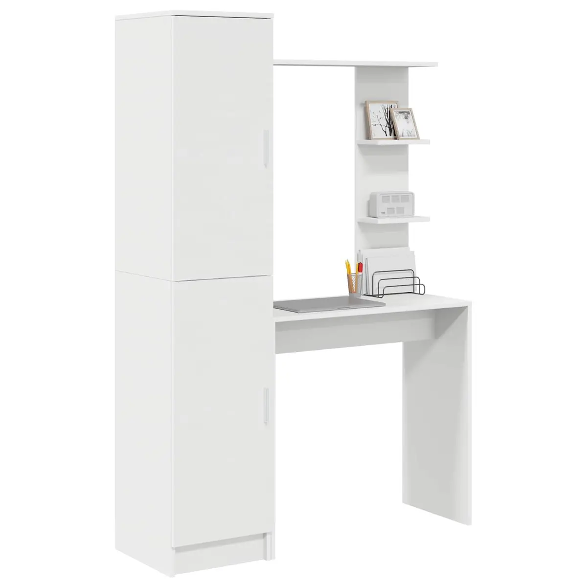 Desk with Shelves and Doors White Engineered Wood Office Workspace Storage