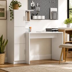 Modern White Desk with Storage Cabinet and Shelves Set