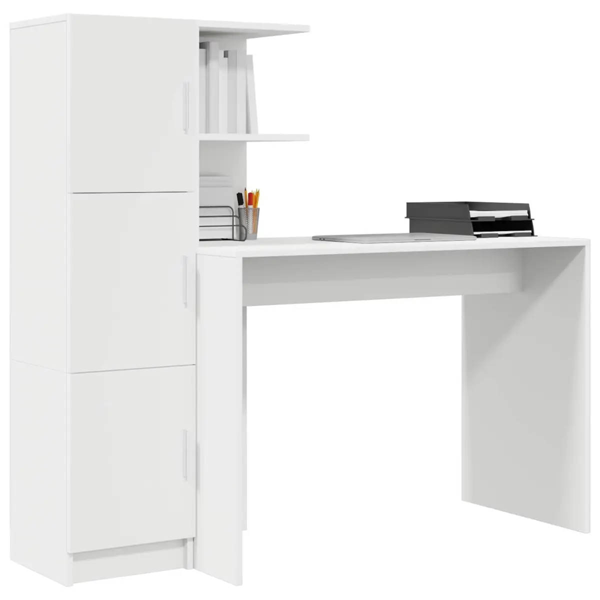 White Desk with Storage Cabinet and Shelves Set