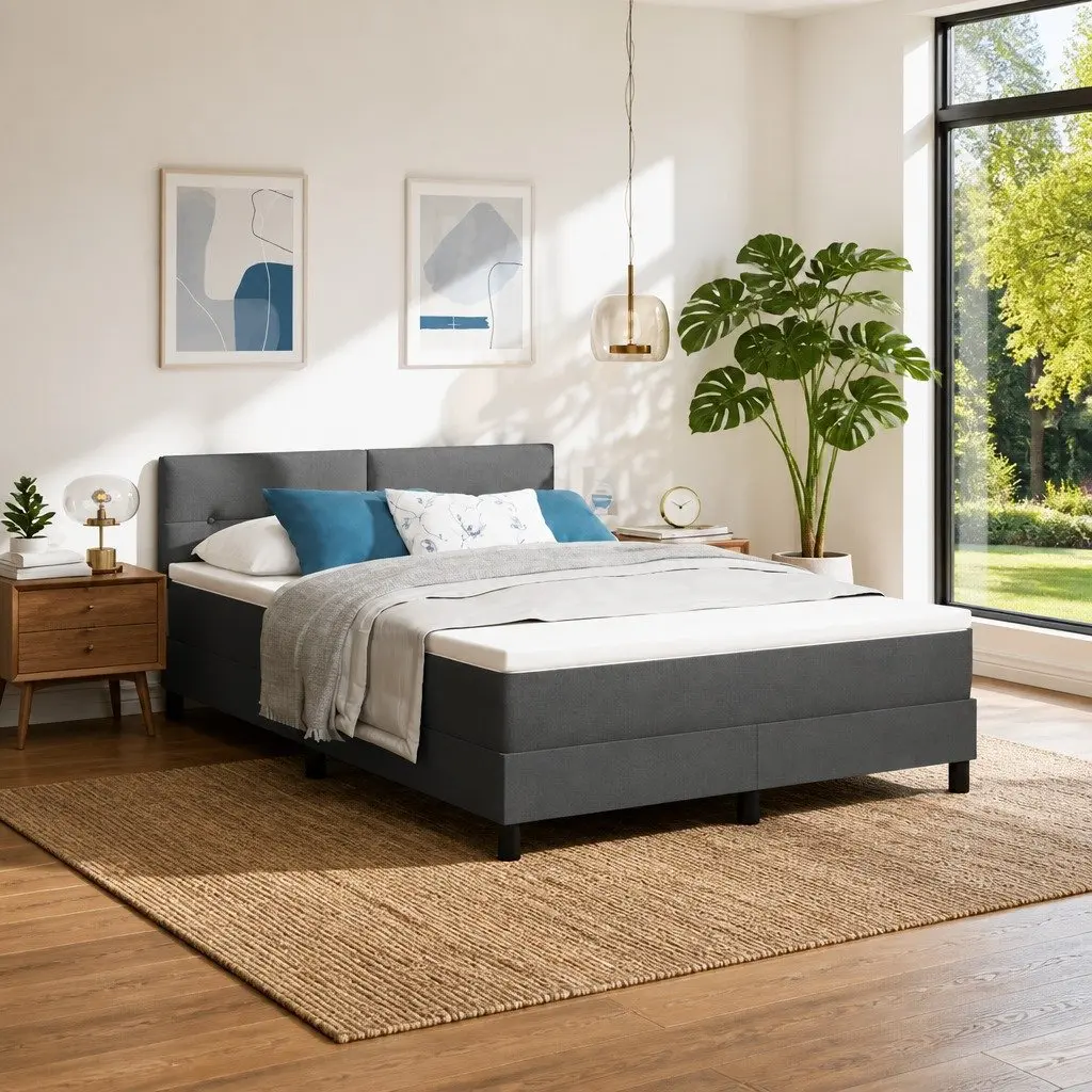 Box Spring Bed Dark Grey White Fabric 152 x 203 cm Modern Adjustable Headboard