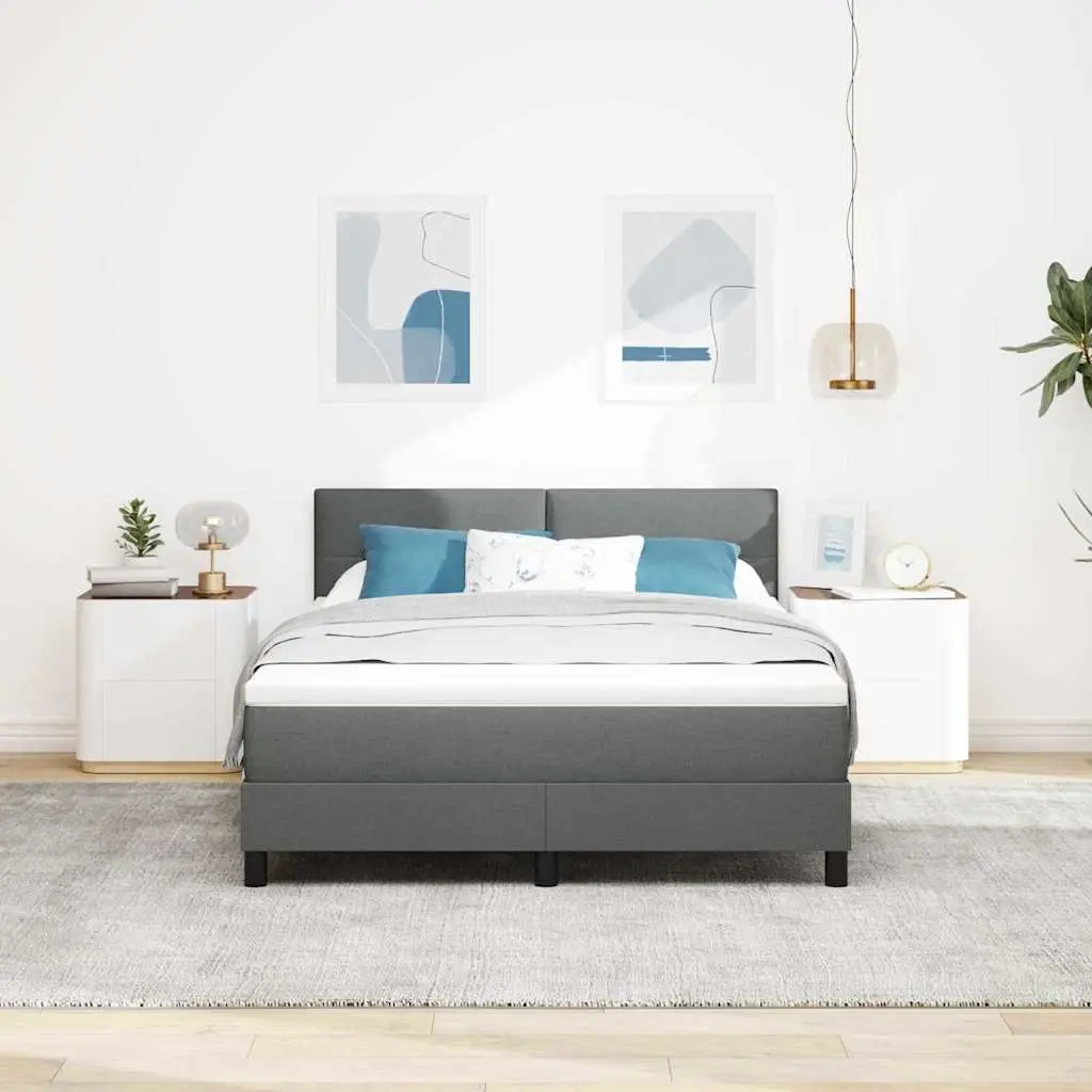 Box Spring Bed Dark Grey White Fabric 152 x 203 cm Modern Adjustable Headboard