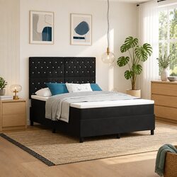 Box Spring Bed with Adjustable Headboard, Black White 152 x 203 cm