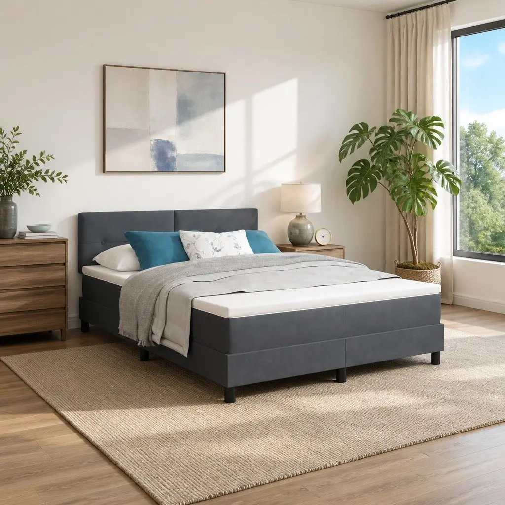Dark Grey White Fabric Box Spring Bed with Adjustable Headboard and LED Lights 152x203cm