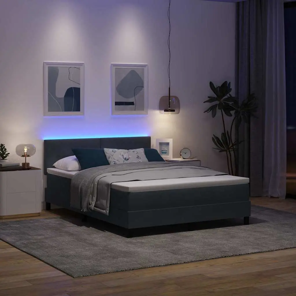 Dark Grey White Fabric Box Spring Bed with Adjustable Headboard and LED Lights 152x203cm