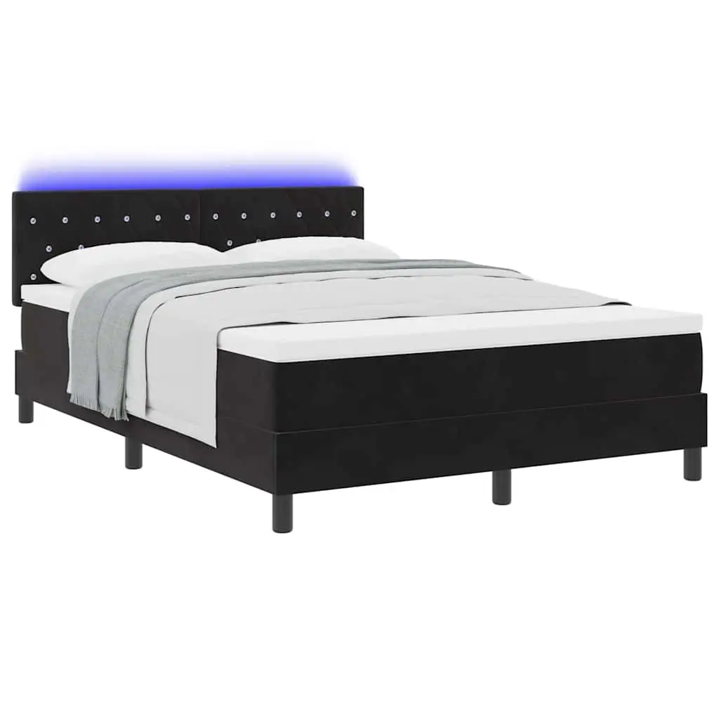 Box Spring Bed Black White 152x203cm Velvet Adjustable Headboard LED Lights