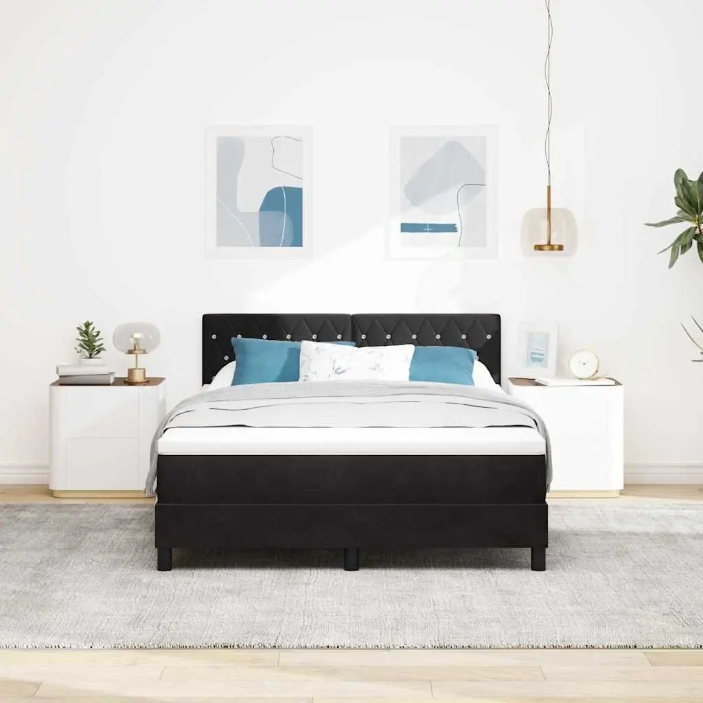 Box Spring Bed Black White 152x203cm Velvet Adjustable Headboard LED Lights