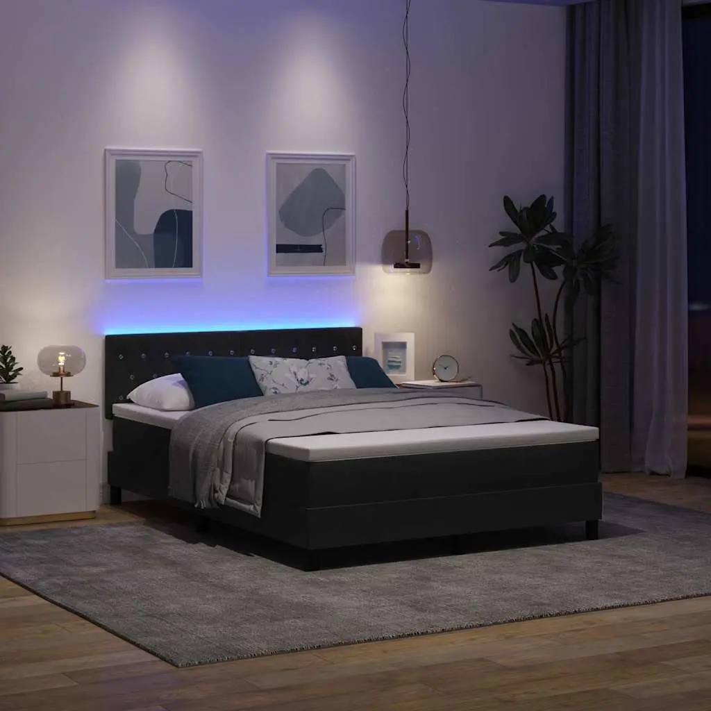 Box Spring Bed Black White 152x203cm Velvet Adjustable Headboard LED Lights