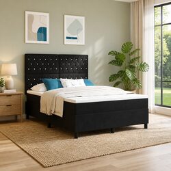 Black Velvet Box Spring Bed with Adjustable Headboard