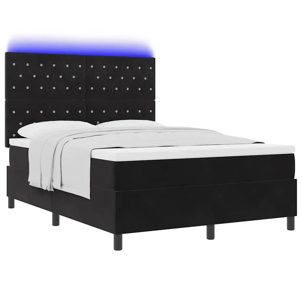 Box Spring Bed Black Velvet 152 x 203 cm Adjustable Headboard Pocketed Coil Mattress RGB LED Lights