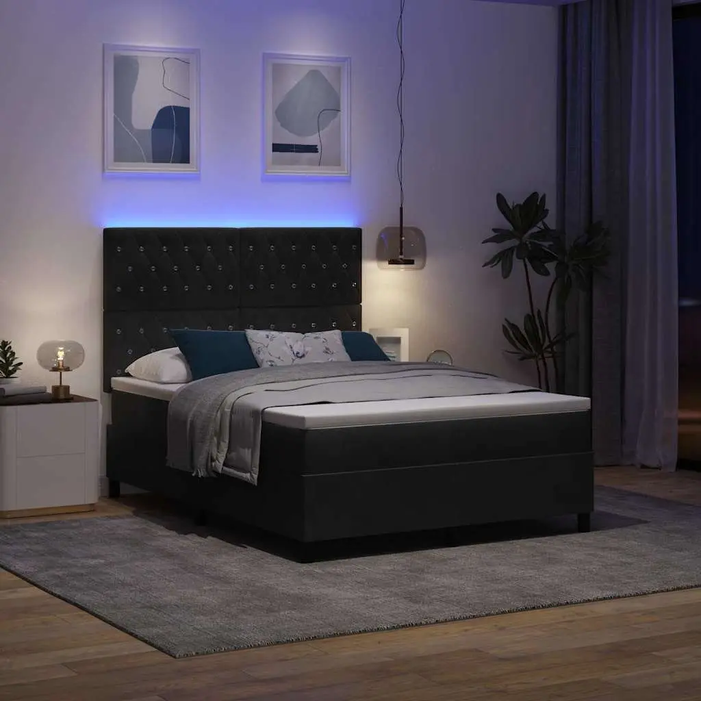 Box Spring Bed Black Velvet 152 x 203 cm Adjustable Headboard Pocketed Coil Mattress RGB LED Lights