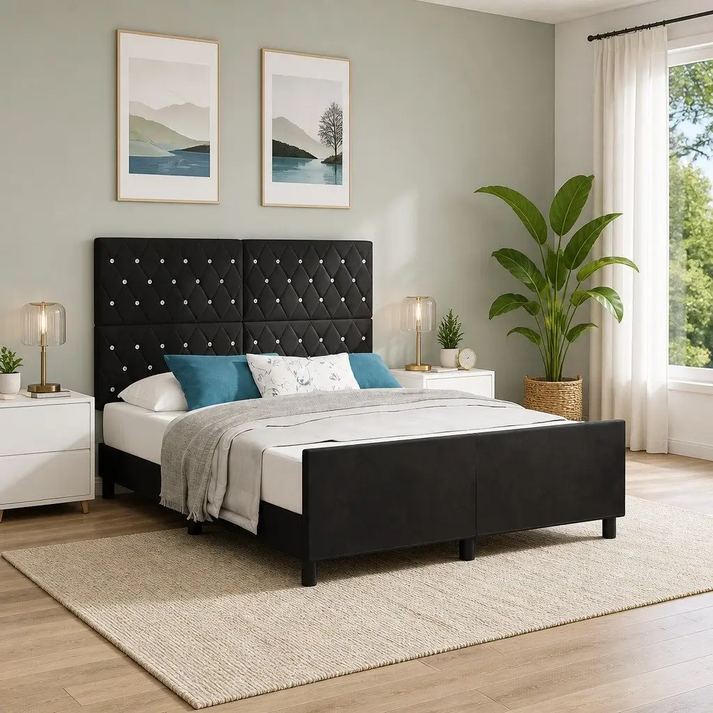 Bed Frame Black 152 x 203 cm Velvet Upholstered Modern