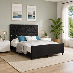Velvet Upholstered Bed Frame with Headboard Black 152 x 203 cm