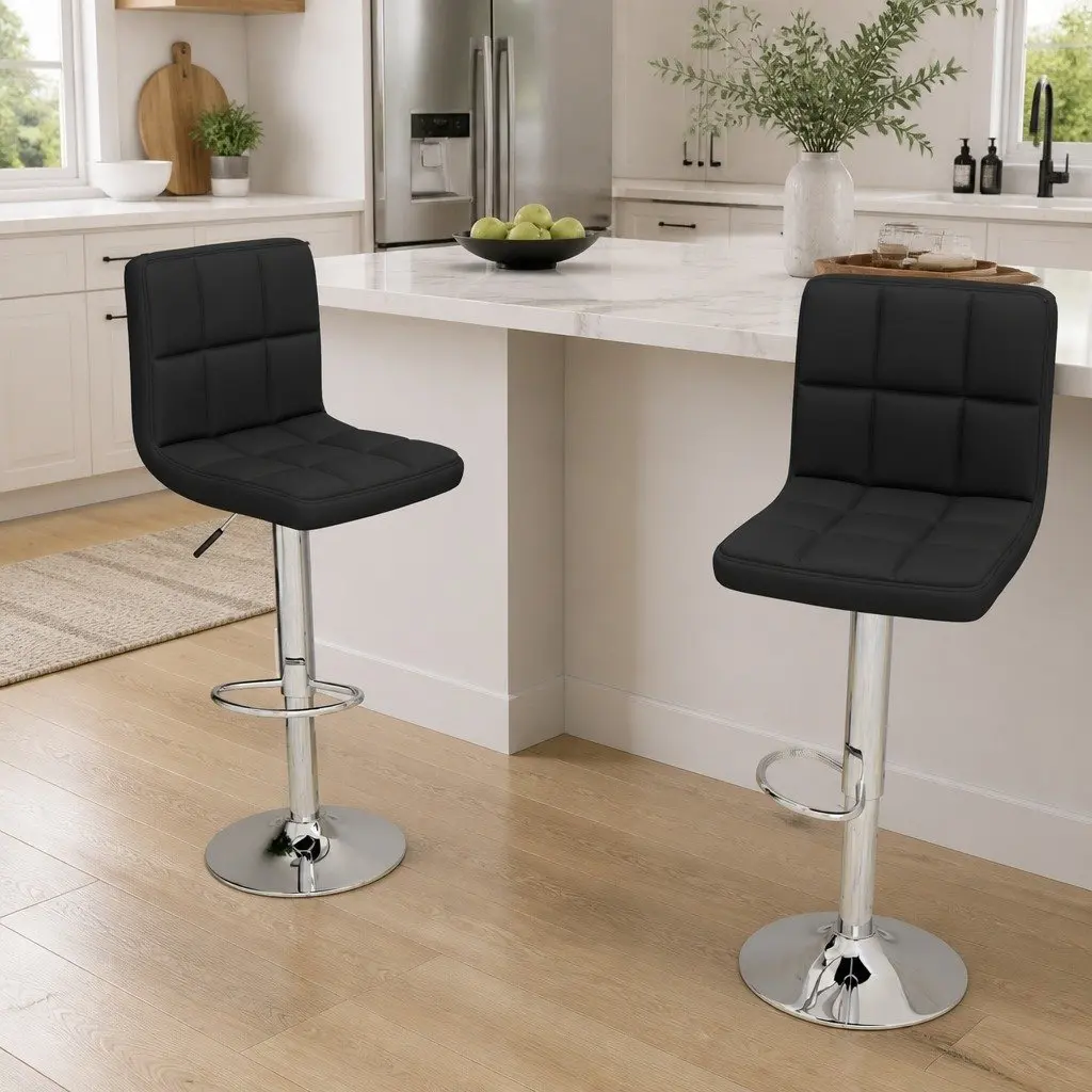 Bar Stools 2 pcs Black Fabric Swivel Gas Lift Height Adjustable Counter Seating