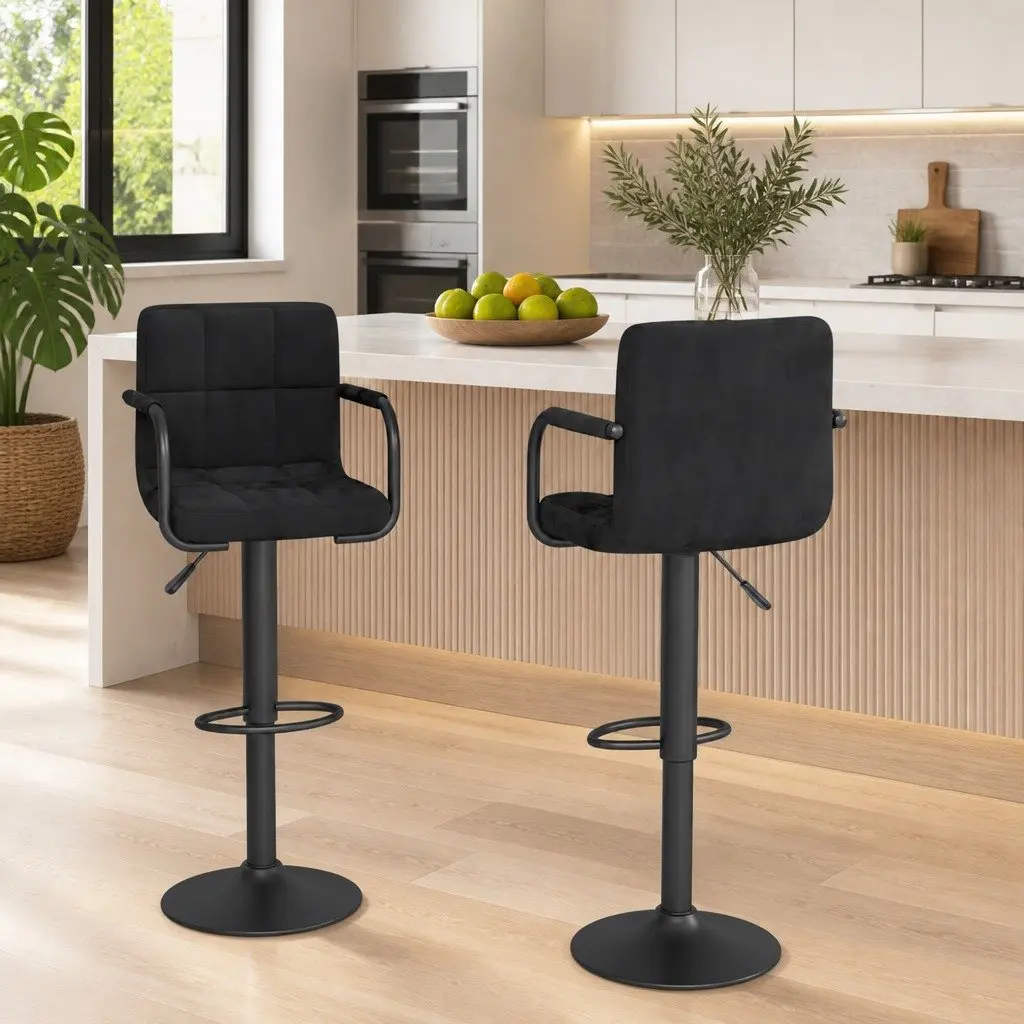 Bar Stools 2 pcs Black Velvet Swivel Height Adjustable Footrest Counter Chairs