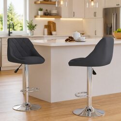Set of 2 Grey Velvet Bar Stools with Adjustable Height