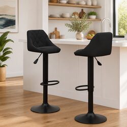 Set of 2 Black Velvet Swivel Bar Stools