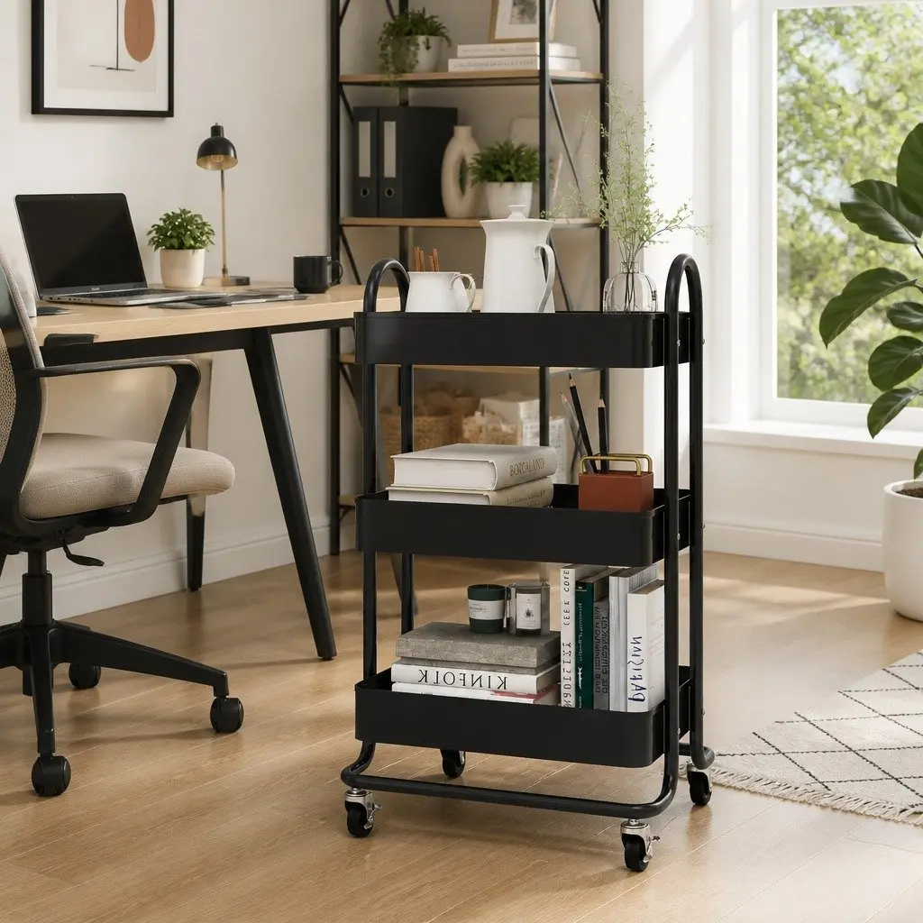3-Tier Mobile Trolley Black Steel Kitchen Office Organizer Cart 43x34x79cm