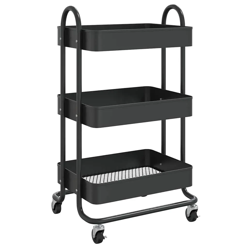 3-Tier Mobile Trolley Black Steel Kitchen Office Organizer Cart 43x34x79cm