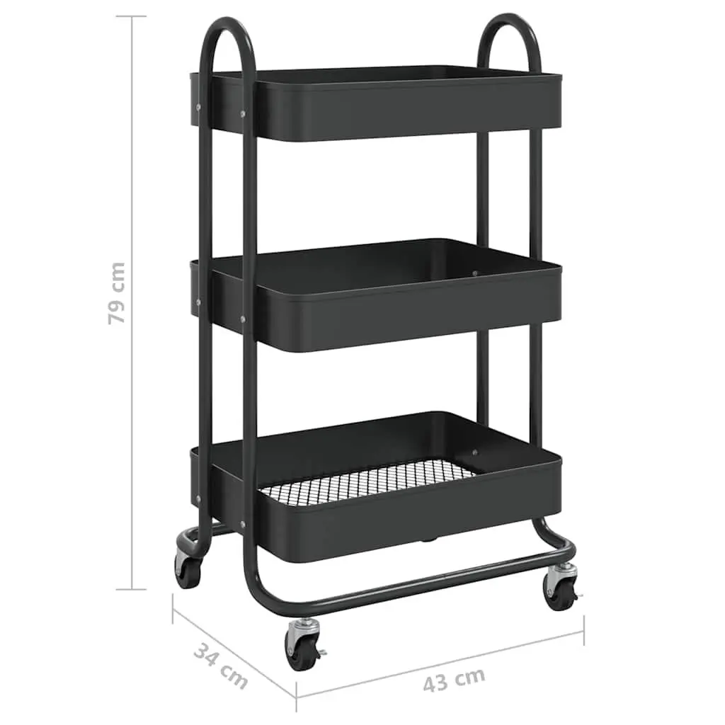 3-Tier Mobile Trolley Black Steel Kitchen Office Organizer Cart 43x34x79cm