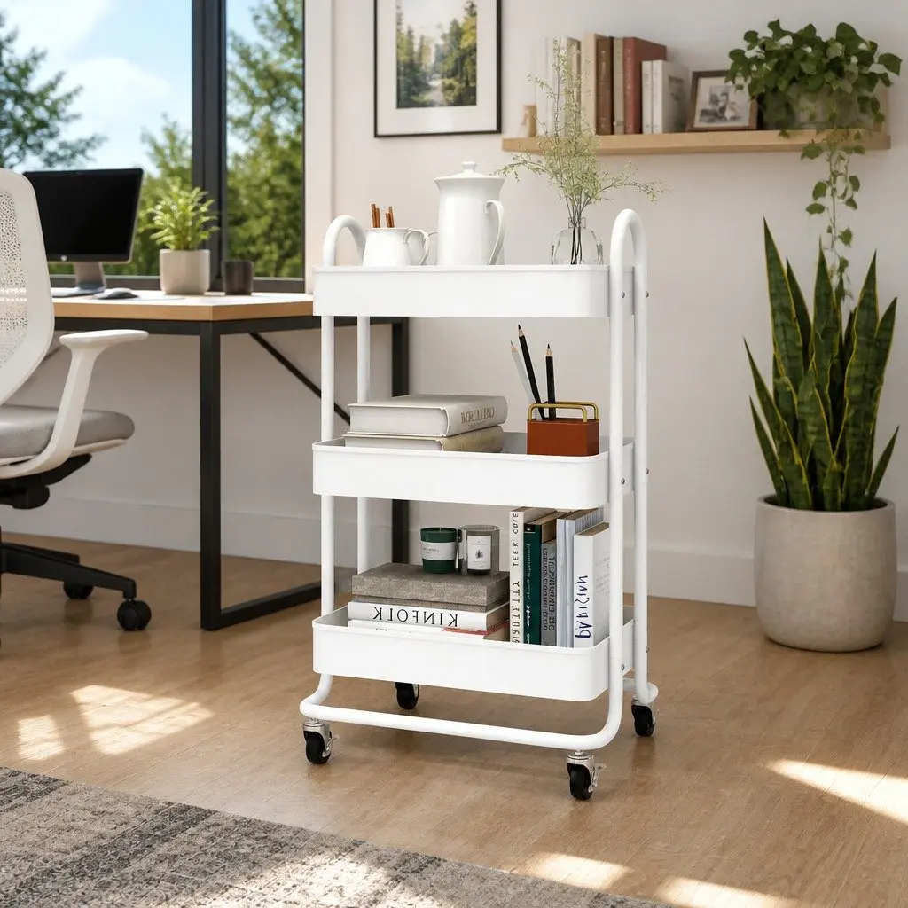 3-Tier Storage Trolley White Steel Kitchen Office Organiser Mobile Cart