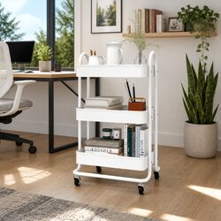 3-Tier White Steel Storage Trolley for Home and Office