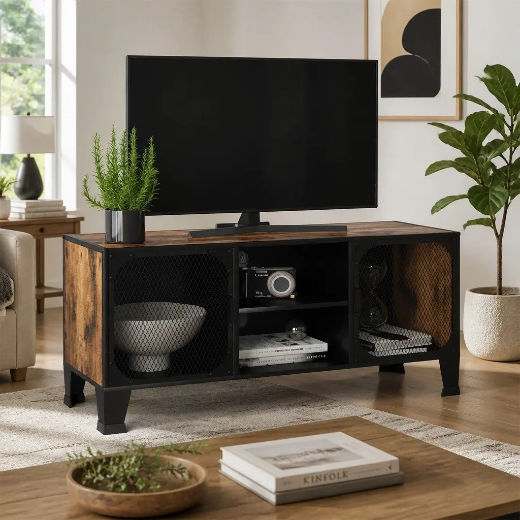 Rustic Brown TV Cabinet with Mesh Doors for Storage