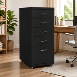 5 Drawer Black Metal Mobile Filing Cabinet with Wheels