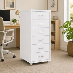 6 Drawer Mobile Filing Cabinet with Wheels in White