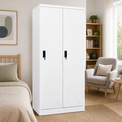 White Steel Wardrobe Cabinet with 2 Shelves and Locks