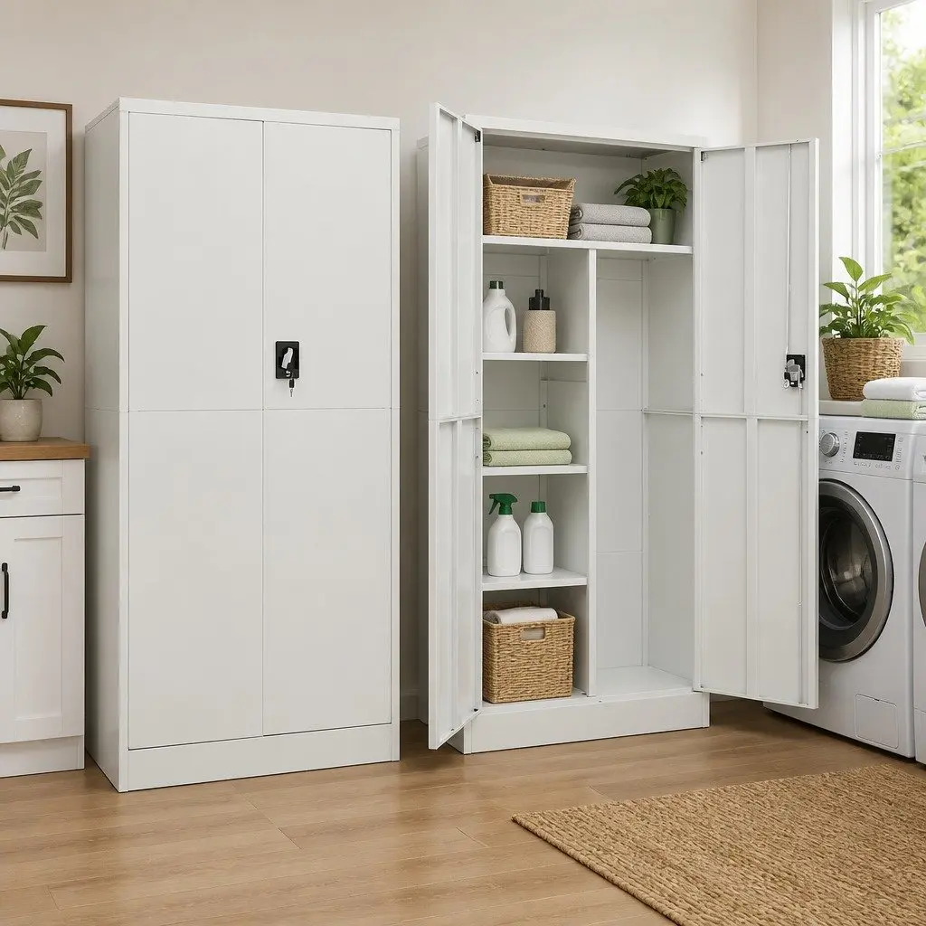 Grey Steel Locker Cabinet with 4 Shelves for Storage