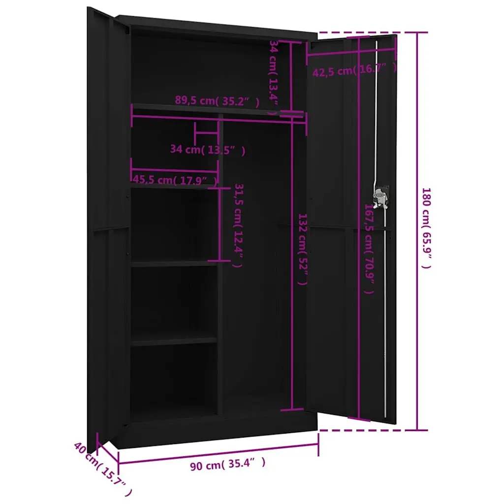 Steel Locker Cabinet Black Industrial Style 90W x 40D x 180H cm Sturdy Construction 4 Shelves