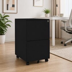 Mobile File Cabinet with 2 Drawers in Black Steel
